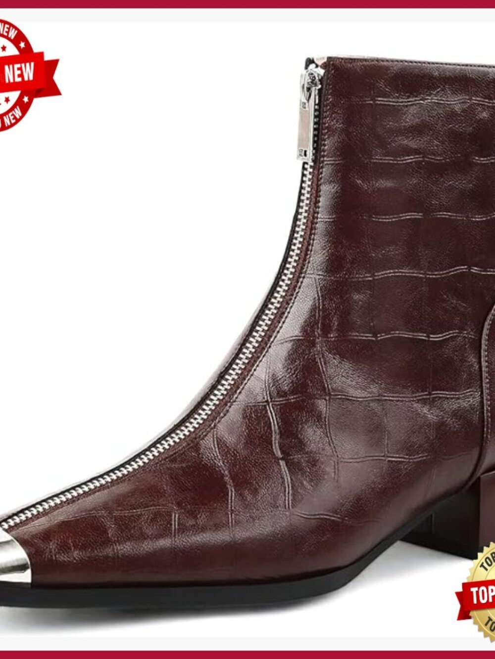 Genuine Leather Ankle Boots Low Chunky Heel Front Zipper Metal Toe Fall Booties